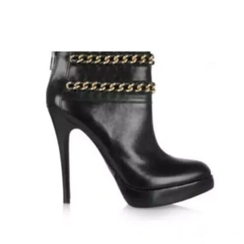 TORY BURCH Lysa Black‎ Leather Platform Chain Heeled Boots Size 9.5
